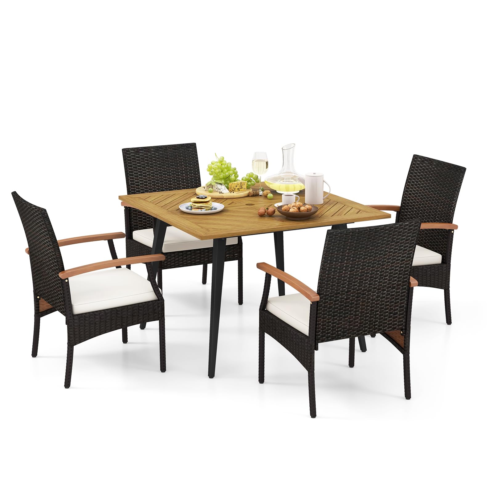 Ensemble de salle à manger Tangkula 5 pièces en rotin synthétique, table à manger carrée en bois d'acacia de 108 cm avec trou pour parasol de 4,8 cm